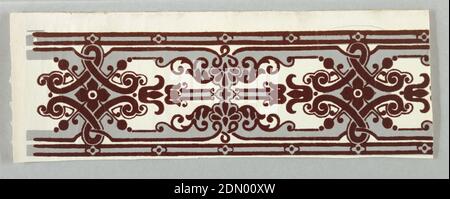 Border, Block-printed and flocked paper, Maroon flock, gray scrollwork pattern on white ground, possibly France, 1850–75, Wallcoverings, Border Stock Photo