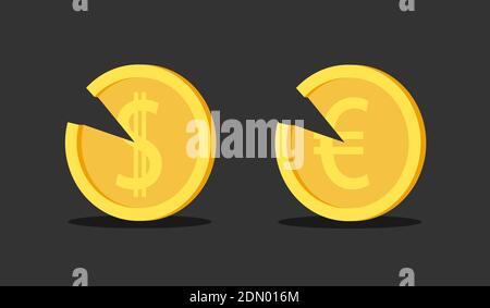 Inflazione e perdita di valore valutaria: Degrado, deterioramento, disprezzo, svalutazione, deprezzamento e peggioramento delle monete. Il denaro viene svalutato da cutt Foto Stock