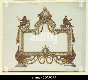 Altare Tablet con le armi di Papa Pio VII, Luigi Righetti, italiano, 1780 - 1819, Papa Pio VII, italiano, 1742 - 1823, penna e inchiostro nero, pennello e grigio, marrone, lavaggio giallo, su grafite, bordo rigato a pennello e inchiostro nero su carta posata blu chiaro, rettangolo orizzontale. La cornice quadrata è sorretta da due aquile, al centro sotto lo stemma di Papa Pio VII Al centro sopra un arco con in cima un rilievo dell'ultima cena, sorretto da due angeli e coronato da un pellicano. Su voluti sono seduti ai lati e a sinistra fede, con croce, e forza, con colonna., Roma Foto Stock