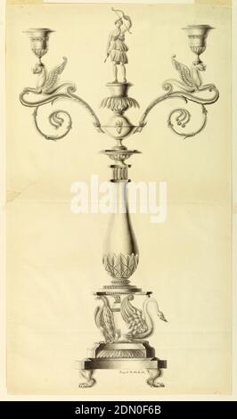 Design per Candlestick, Joseph Anton Seethaler II, tedesco, 1799–1868, penna e inchiostro, pennello e acquerello su carta, le zampe Lion supportano una base. Su di essa, aquile e un vaso a sinistra, cigni a destra, sono a sostegno di un'altra base, su cui una colonna sormontata da una statuetta di Diana. Due rami sono fissati su cui le parti frontali delle griffe accovacciate sostengono le prese., 1827-1836, disegno Foto Stock