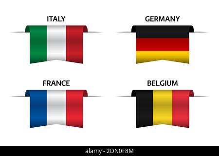 Set of four Italian, German, Belgian and French flag ribbons. Made in Italy, Made in France, Made in Germany and Made in Belgium stickers and labels. Stock Vector