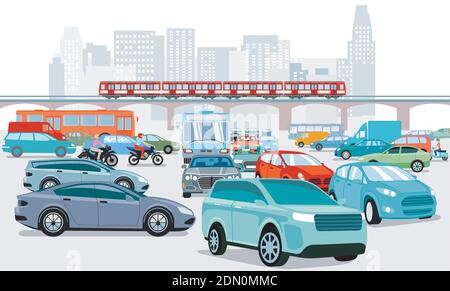 Traffic jam at the road intersection and Transport by elevated train,, illustration Stock Vector