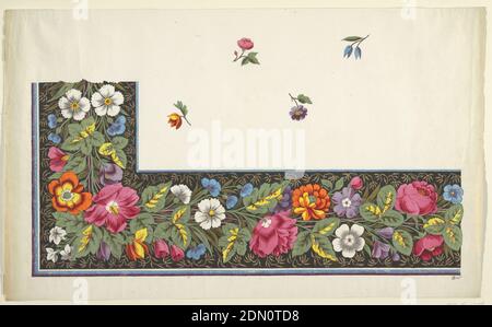 Disegno, Louis-Albert DuBois, Svizzera, 1752–1818, Fabrique de Fazy aux Bergues, Gouache e grafite su carta, bordo sinistro dei fiori su sfondo nero modellato con viti tan a foglia di riccio, fascia esterna di viola, blu e bianco, quattro fiori singoli in campo bianco superiore., Ginevra, Svizzera, ca. 1801, disegni tessili, disegno Foto Stock