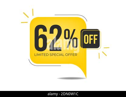 62% di sconto su un'offerta speciale limitata. Banner con sessantadue% di sconto su un pallone giallo. Illustrazione Vettoriale