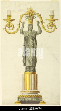 Disegno per candela, Luigi Righetti, 1780 - 1819, penna e inchiostro, lavaggio a spazzola e seppia, acquerello, grafite su carta, rettangolo verticale. Disegno di un candelabro destinato ad essere eseguito con bronzo verde e dorato, e marmo bianco e colorato. Una base rotonda sostenuta da due tartarughe dorate con un segmento di una colonna scanalata sopra. Sulla colonna si trova una cariatide che sostiene un cesto con fiori, da cui si sprigionano due rami di arricciatura con candele, Roma, Italia, primi del XIX secolo, illuminazione, disegno Foto Stock