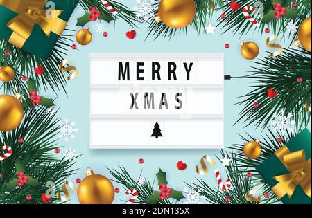 Illustrazione vettoriale di Natale con fiocco di neve, abete, canna da zucchero e baubles su sfondo blu. Eleganti e bellissimi saluti natalizi su un lightbox. Illustrazione Vettoriale
