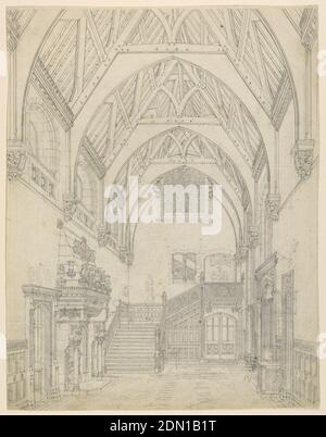 Casa di campagna Gotica: Ingresso Hall, grafite su carta, una vista in prospettiva di una grande sala d'ingresso, guardando verso la scala. Un alto soffitto, coperto da un tetto in legno di tipo collarino-braced, in stile gotico inglese. Sinistra, elemento di manovra elaborato e porta sulla parete. Destra, porta e finestra su muro., Inghilterra, 1835–40, interni, disegno Foto Stock