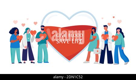 Progetto di concetto di donazione di sangue - gruppo di professionisti medici su uno sfondo rosso del cuore Illustrazione Vettoriale