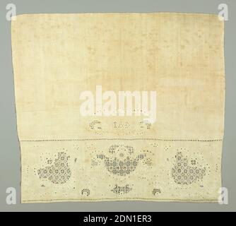 Towel end, Medium: linen Technique: withdrawn element with embroidery, Towel end with deep border at bottom of three flower heads in drawn work with fine embroidered foliage detail, in white linen thread. Initials 'I.A.D.' in symmetrical leaf-framed cartouche above. Two plain selvages. Hand-stitched hems at top and bottom., Denmark, 19th century, embroidery & stitching, Towel end Stock Photo