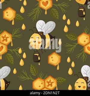 Bee kid seamless pattern. Honey vector. Cute bee with honey illustration. Illustrazione Vettoriale