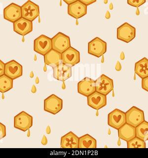 Motivo vettoriale a nido d'ape senza cuciture. Cute ape esagonale sfondo. Miele capretto ornamento giallo. Illustrazione Vettoriale