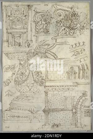 Studio decorativo; verso: Studio anatomico, Felice Giani, italiano, 1758–1823, penna e inchiostro su grafite su carta crema, tre capitelli, fontana; facciata della chiesa del 14 ° secolo. portale del xv secolo. Verso: Testa barbarica in profilo e testa di giovane uomo in profilo con mantel dopo l'antichità., Italia, 1814–18, grafica, disegno Foto Stock