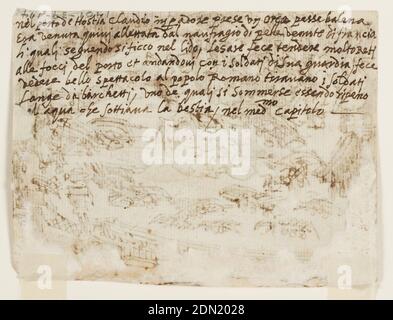 Recto: Caccia alle balene da parte dell'imperatore Claudio nel porto di Ostia; verso: Iscrizione relativa alla storia naturale di Plinio il Vecchio, libro 9, ch. 5, Jan van der Straet, chiamata Stradanus, Flemish, 1523–1605, penna e inchiostro, pennello e bistre lavaggio su carta, recto: Un grande serpente marino è contenuto all'interno di un recinto ovale ad anello. Un gruppo di persone, a destra, guarda le attività di un certo numero di uomini, in barche aperte, che attaccano il serpente. Verso: Sette righe di iscrizione, che descrivono la scena come raccontata da Pliny il Vecchio nella sua storia naturale, libro 9 ch.5, Paesi Bassi, 1596 o prima, disegno Foto Stock