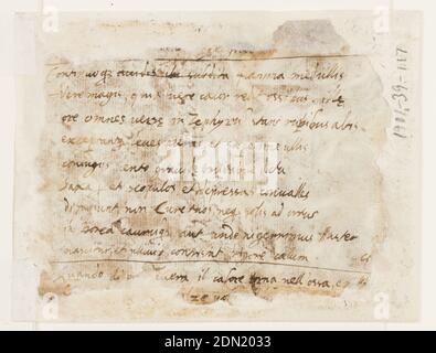 Pagina del libro di schizzo con il Giudizio universale, Jan van der Straet, chiamato Stradanus, Fiammingo, 1523–1605, penna e inchiostro, pennello e lavaggio marrone su carta, rettangolo verticale. L'ossale mostra Cristo sopra, in una luce fiancheggiata dalla Vergine e da San Giovanni. Molte figure qui sotto. Una tomba aperta, con figure, in primo piano. Verso mostra dodici linee di iscrizione da Virgil., Paesi Bassi, ca. 1590, album (rilegati) e libri, disegno Foto Stock