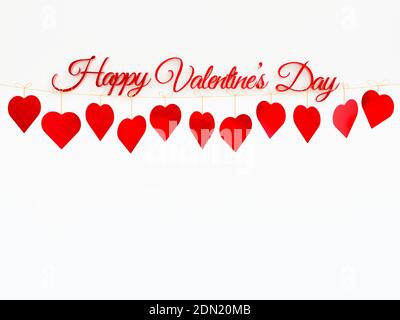 Buon giorno di San Valentino con carta rosso cuori in studio con Sfondo bianco come concetto di banner - rendering 3d Foto Stock