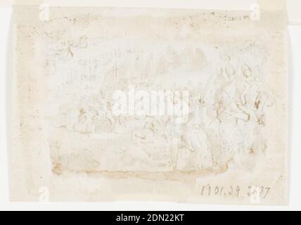 Conquista delle Isole Filippine, progetto preliminare di pittura grisille realizzato dal figlio di Stradano Scipione, per le osssequie in memoria di Filippo II di Spagna, tenutosi a San Lorenzo a Firenze il 12 novembre 1598, Jan van der Straet, chiamato Stradanus, fiammingo, 1523–1605, penna e inchiostro marrone, Pennello e grigio lavaggio su carta deposta, gli isolani filippini sono in primo piano a sinistra e al centro sparando i loro archi. Il fuoco di battaglia degli spagnoli con le armi è al centro giusto. Una baia con le barche di atterraggio e cinque grandi navi è nella parte posteriore destra e centrale., Olanda, 1598, figure, disegno Foto Stock