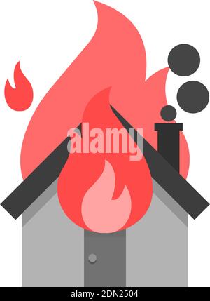 Icona della casa in fiamme. Stile piatto. Isolato su sfondo bianco. Illustrazione Vettoriale