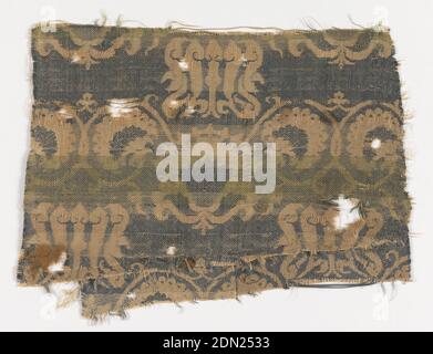 Fragment, Medium: silk Technique: two integrated fabric structures; 2/1 twill plus plain weave, Palmette flanked by circular scrolls with pseudo-Kufic writing., Spain, 14th century, woven textiles, Fragment Stock Photo