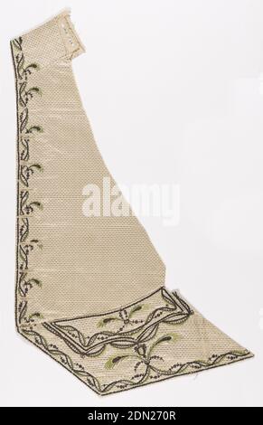 Gilet fronts, Medium: Seta, lamina d'argento avvolta intorno ad un nucleo di seta, paillettes metalliche e tecnica di Tinsel: Ricamo su tessitura in twill, gilet fronts (separati) di seta bianca in piccolo disegno a scacchi con fili d'argento orizzontali accoppiati. Ricamato con seta verde, paillette d'argento e filo, rosa in disegno di nastri torcenti e piume. Cameo sotto ogni tasca., Francia, fine del 18 ° secolo, ricamo e cuciture, fronti gilet Foto Stock