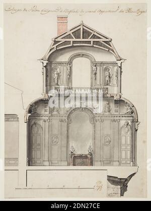 Progetto preliminare per il Salon d'Angle al Palais Royal, Parigi, Francia, Gilles-Marie Oppenord, francese, 1672–1742, penna e inchiostro nero, pennello e acquerello su carta bianca, l'elevazione in sezione mostra una camera a due piani, il secondo piano indicato da un balcone. La costruzione del tetto è mostrata anche. Il disegno prosegue a sinistra con i contorni di un tetto e l'elevazione di una parete, mostrando un dado e un'entablatura con staffe, e verso il basso a destra una sezione della sottostruttura. I dettagli dell'interno includono camino e manto con candelabra, un grande specchio, sculture Foto Stock
