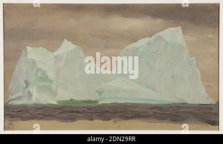 Iceberg sotto i cieli nuvolosi, Frederic Edwin Church, americano, 1826–1900, Pennello e pittura ad olio, grafite su cartoncino, Iceberg con diverse vette scavate nel centro che galleggia su un mare grigio sotto il cielo nuvoloso. Margine inferiore con colore marrone di messa a terra., Terranova e Labrador, Canada, giugno o luglio 1859, stagcappes, disegno Foto Stock