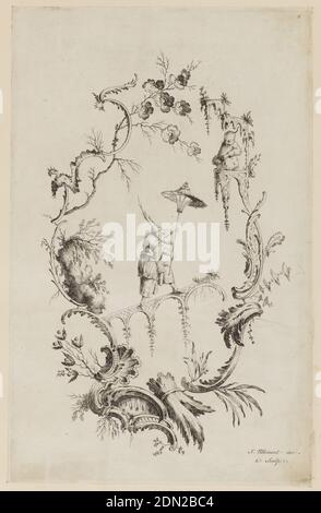 Piatto 2, da 'UN nuovo libro di ornamenti cinesi', Jean-Baptiste Pillement, francese, 1728–1808, incisione su carta, Chinoiserie escutcheon con un cinese in piedi su un ponte e tenendo una sorta di parasolo., Francia, ca. 1750, Stampa Foto Stock