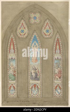 Design per vetrate, Sir Andrew Orr, Scottish, 1801–1872, William Stuart Stirling-Crawford, Scottish, 1819–1883, W. Cowper, pennello e acquerello, penna e inchiostro, grafite su carta, tre pannelli verticali alti, con archi a punta, ciascuno contenente figure e stemmi sottostanti. Tre aperture decorative sopra., Scozia, 1860, vetreria, disegno Foto Stock