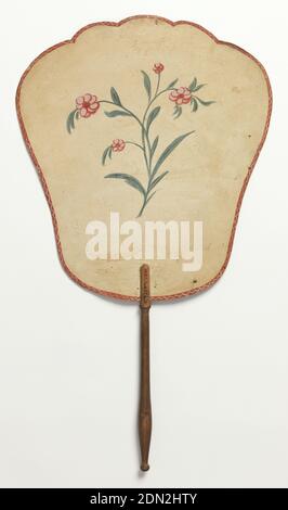 Handscreen, Painted paper leaf, turned wood handle, Handscreen with a hand-painted paper leaf and turned wood handle. Obverse: man and woman in landscape. Reverse: floral sprig with pink and red flowers., France, England, mid- 18th century, costume & accessories, Handscreen Stock Photo