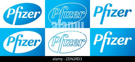 Pfizer Vector Logo - Latest Blue Color Set - Società farmaceutica americana che ricerca e sviluppo di vaccini e prodotti medicali. Farmacia Illustrazione Vettoriale