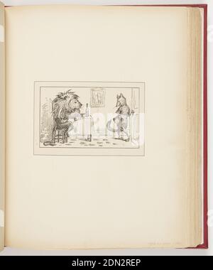 Il Leone e la volpe, stampato in inchiostro nero su carta, sinistra, profilo di leone seduto al tavolo con zampa sinistra per bocca. Recipiente e bottiglia di vino sul tavolo. Dietro il leone ci sono teschi. Destra, volpe in piedi sulle gambe posteriori, mani sulla porta, con cappello in mano. Varie impronte a terra., USA, 1878, album (bound) e libri, Ephemera, Ephemera Foto Stock