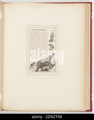 Il vano Rhinoceros, stampato in inchiostro nero su carta, in alto a sinistra, breve storia su rinoceronti. In basso a destra, profilo dei rinoceronti, guardando verso l'alto due cani; a destra, due cani spaventati in aria. In basso a destra, cane che corre via da rinoceronti., USA, 1878, album (rilegati) e libri, Ephemera, Ephemera Foto Stock