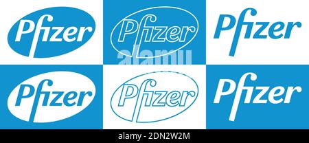 Pfizer Vector Logo - Latest Blue Color Set - Società farmaceutica americana che ricerca e sviluppo di vaccini e prodotti medicali. Farmacia Illustrazione Vettoriale