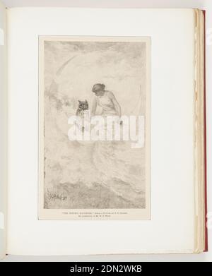 La figlia della Strega, Illustrazione per Harper's Monthly Magazine (CCCXCVIII, No. LXVII, luglio 1883, frontispiece), John Parker Davis, 1832–1910, Harper's Weekly, stampata in inchiostro nero su carta, gufo e donna in lungo vestito bianco seduto sulla luna di mezzaluna. La donna si siede a destra e guarda giù verso il gufo seduto a sinistra., USA, luglio 1883, figure, Ephemera, Ephemera Foto Stock