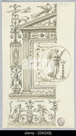 Progetto per una decorazione a parete, penna e inchiostro, pennello e acquerello su carta, metà sinistra di un disegno mostrato. In basso, un fregio con grottesche. Sopra, a sinistra, un motivo a lume di candela supportato da un griffin. A destra, un tondo con una figura alata è sotto un'entablatura., Italia, fine XVIII secolo, ornamento, disegno Foto Stock