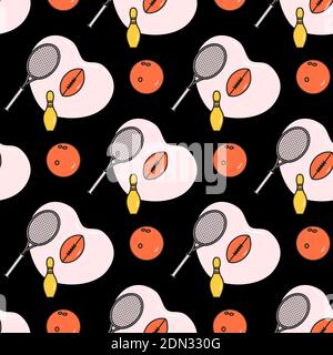 Modello vettoriale senza giunture con palla da bowling, pin, racchetta da tennis, palla da rugby da calcio. Tema sportivo. Gioco, hobby, intrattenimento. Attrezzature sportive. Salute Illustrazione Vettoriale