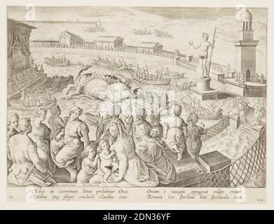 Caccia alle balene dell'imperatore Claudio nel porto di Ostia, pl. 19 nella serie Venationes Ferarum, avium, Piscium, Adriaen Collaert, fiamminga, ca. 1560 – 1618, Philips Galle, fiammingo, 1537 - 1612, Jan van der Straet, chiamato Stradanus, fiammingo, 1523–1605, incisione su carta, paesaggio figurativo marino, con gruppi in primo piano che osservano un mostro marino di orche è intrappolato in un'area murata. Una statua e una torre a destra. Barche aperte piene di uomini circondano il mostro, mentre gli spettatori guardano dal muro., Paesi Bassi, 1596 o dopo, figure, Stampa Foto Stock
