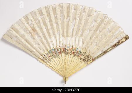 Pleated fan, Linen bobbin lace leaf, carved and painted ivory sticks, rivet set with faceted glass, gilt metal bail, Pleated fan. Leaf of 17th century white Milanese bobbin lace. Carved and painted ivory sticks with flowers and feathers. Guards carved with baroque detail and painted. Rivet is set with faceted glass. Gilt metal bail., France, Milan, Italy, mid- 18th–mid- 19th century, costume & accessories, Pleated fan Stock Photo