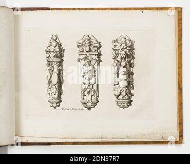 Plate 18, from Livre de bijouterie, Léonard Thiry, Flemish, 1550, Rosso Fiorentino, Italian,1494 - 1540, René Boyvin, French, 1525 - 1625, Paul de la Houve, French, 1575 - 1643, incisione su carta, disegni per tre fiale pendenti con tele., France, ca. 1570, album (rilegati) e libri, Stampa Foto Stock