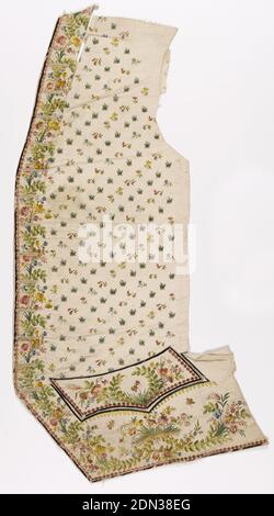 Gilet fronts, Medium: Seta tecnica: Ricamato su tela tessitura, le parti anteriori del gilet dell'uomo in seta biancastra striata con un disegno dell'alover delle file diagonali dei fiori di campo e dei grumi di erba. Il fronte centrale e le tasche hanno bouquet elaborati e farfalle ricamate in seta multicolore in tonalità realistiche e naturali., Francia, ca. 1780, ricami e cuciture, camici frontali Foto Stock