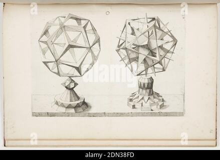 Plate o, F.IIII, Rhombentrikontaeder und Ikosaeder (Rhombic Triacontrahedron e Icosahedron), Perspectiva Corporum Regularium (prospettiva dei corpi regolari), Wenzel Jamnitzer, tedesco, 1508–1585, Jost Amman, svizzero, Germania attiva, 1539–1591, incisione speculare su carta speculare, geometria regolare di Jamnitum mostra due varianti poliedriche. Il libro si basa sui cinque solidi platonici o "corpi regulari"., Germania, 1568, modelli e prototipi, Stampa Foto Stock