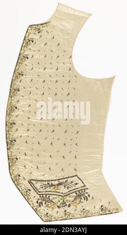 Frammenti di gilet, Medium: Seta, paillettes, falsi gioielli e 3 tipi di seta metallizzata, su tecnica della seta: Ricamata con cuciture a doghe e satin, applicata su tessitura in raso, frammenti di un gilet ricamato con orlo diritto. Crema di seta ricamata con motivo di piccoli fiori sparsi e paillettes. Ricamati con bouquet di fiori più grandi con falsi gioielli lungo il centro, e su e sotto le alette della tasca. Bottoni ricoperti di seta ricamati con fiori, Francia, 1770–80, costume e accessori, frammenti di gilet Foto Stock