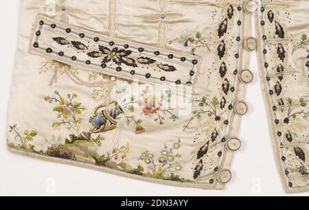 Waistcoat, Medium: silk, linen Technique: Front: embroidery in satin, stem and knot stitches using 33 different silk yarns on silk 7&1 satin; appliqué of silk woven fabric. Back: linen plain weave., Gentleman's waistcoat with embroidered design of leaves and urns pouring water., France, 1775–90, costume & accessories, Waistcoat Stock Photo