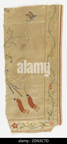 Fragment, Medium: silk Technique: embroidered on satin, Fragment of the outer border with flowers, vines and ribbons., China, 18th century, embroidery & stitching, Fragment Stock Photo