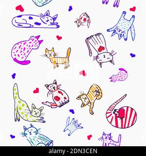 Set di gatti colorati su sfondo bianco, senza cuciture disegnate a mano, Foto Stock