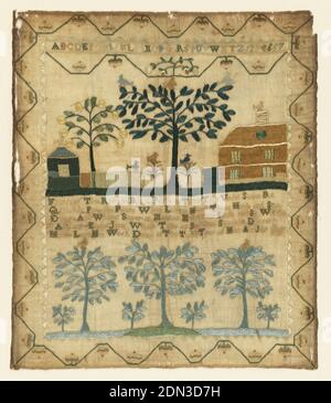 Campionatore, Hetty Lees, americano, Medio: Ricamo di seta su fondazioni di lino tecnica: Ricamato in rococo, satin e punti a croce su fondazioni di tessitura piana, Sampler con due scene, un versetto e un'iscrizione, e un bordo di acorno stilizzato su quattro lati. La scena superiore mostra una casa, un altro piccolo edificio con una recinzione, un grande albero ramificato e un albero da frutto più piccolo, con uccelli. Un singolo alfabeto e un insieme di numeri in alto. Il registro inferiore mostra tre alberi verdi affiancati, con alberi più piccoli negli spazi tra. Le due scene sono separate dalle seguenti linee, fragranti Foto Stock