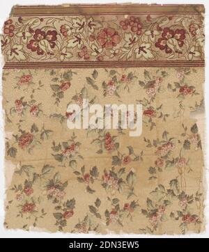 Sidewall and border, Machine-printed, a) Sidewall: pink flowers and foliage in shades of blue over cream ground; b) floral border in same colors., possibly USA, ca. 1880, Wallcoverings, Sidewall and border Stock Photo