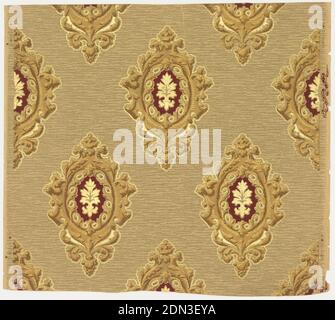 Parete laterale, Standard Wall-Paper Company, Standard Wall-Paper Company, Pittsburgh, Pennsylvania, carta stampata a macchina, su terreno grigio e marrone, medaglioni alternati di oro metallico e argento; terra di borgogna profonda con motivi metallici oro e argento al centro., USA, 1905–1915, Wallcoverings, parete laterale Foto Stock