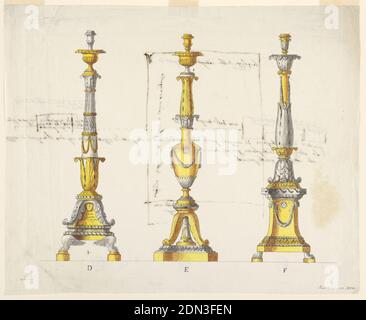 Tre disegni per Candlesticks, penna e inchiostro, pennello e giallo, rosso, grigio acquerello, grafite su carta, rettangolo orizzontale. Tre disegni per candelabri. A sinistra: I piedi del candelabro sono costituiti da grumi di uccelli. All'interno della base si trova l'iscrizione: Qui ci va / lo stemma / di chi li fa fare; l'albero è composto da quattro parti. Nella parte più bassa la colonna sale da un calice. Nel secondo sono i festoni. Il terzo è scaloppato; il quarto scanalato. Sulla capitale si trova una ciotola, dalla quale si eleva la presa. Centro: Il piedistallo del candelabro è costituito da rotolature laterali delle foglie Foto Stock