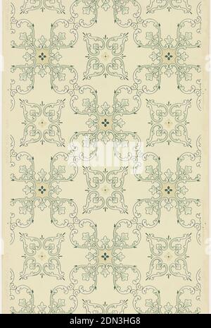 Carta da soffitto, Janeway & Co. Inc., New Brunswick, New Jersey, 1848 - 1914, carta stampata a macchina, forme di quatrefoil realizzate con rotoli di foglie e motivi floreali, collegate da rotoli per formare un modello di treillage. Design floreale realizzato in rotoli di foglie negli spazi negativi che ne risultano. La terra è crema. Stampato in mica verde, bianca e oro, stampato in cimatura: 'Janeway & Co. 549', New Brunswick, New Jersey, USA, 1905–1915, Wallcoverings, carta da soffitto Foto Stock