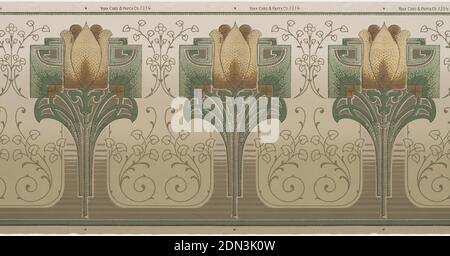 Frieze, York Card & Paper Co., 1891, Machine-printed paper, Art nouveau or mission design with repeating motif of stylized tulips. Printed in tans, browns and greens on a backgound that shades from olive green to tan at top., York, Pennsylvania, USA, 1905–1915, Wallcoverings, Frieze Stock Photo